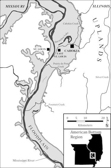 Location of Cahokia, East St Louis, and St Louis sites in the American Bottom