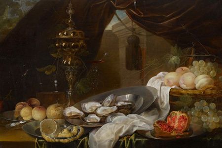 A 17th-century still life featuring a plate of oysters