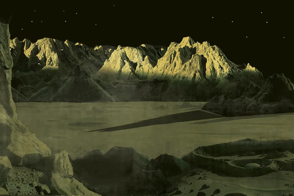 artist's vision of mountainous lunar landscape