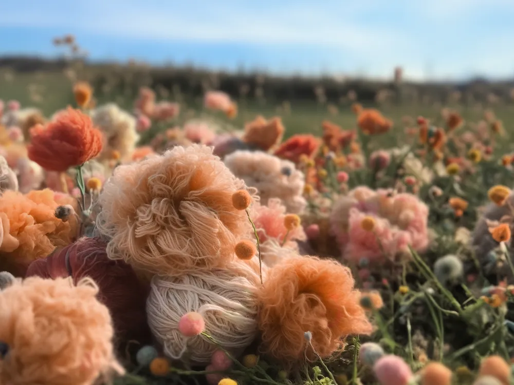 Balls of peach-colored yarn in a field