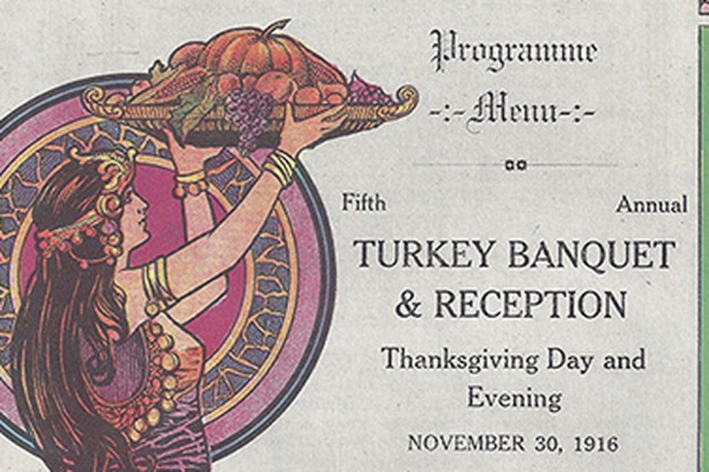 Beautiful art on the menu for Thanksgiving Day, 1916, at the Greyhound Inn.