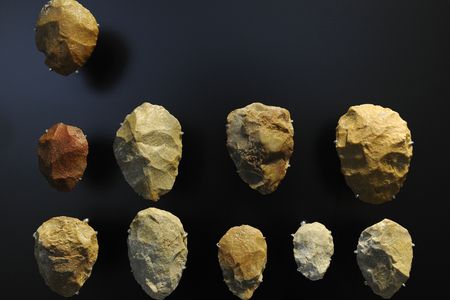 Hand axes made of quartzite from between 100,000 and 40,000 B.C.E. at the National Museum of Denmark in Copenhagen.&nbsp;