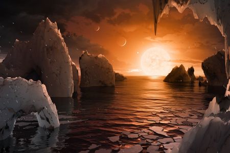 An artist's conception of a watery surface on TRAPPIST-1f. For now, this is just a guess.