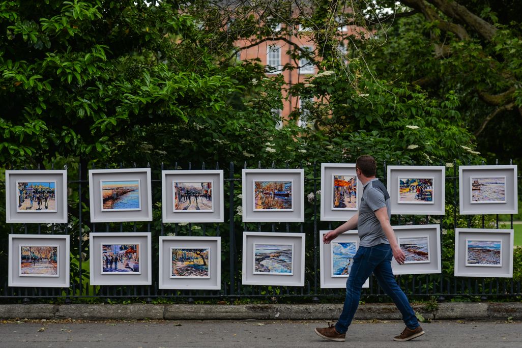 An open-air art gallery at Dublin's Merrion Square park in 2021.