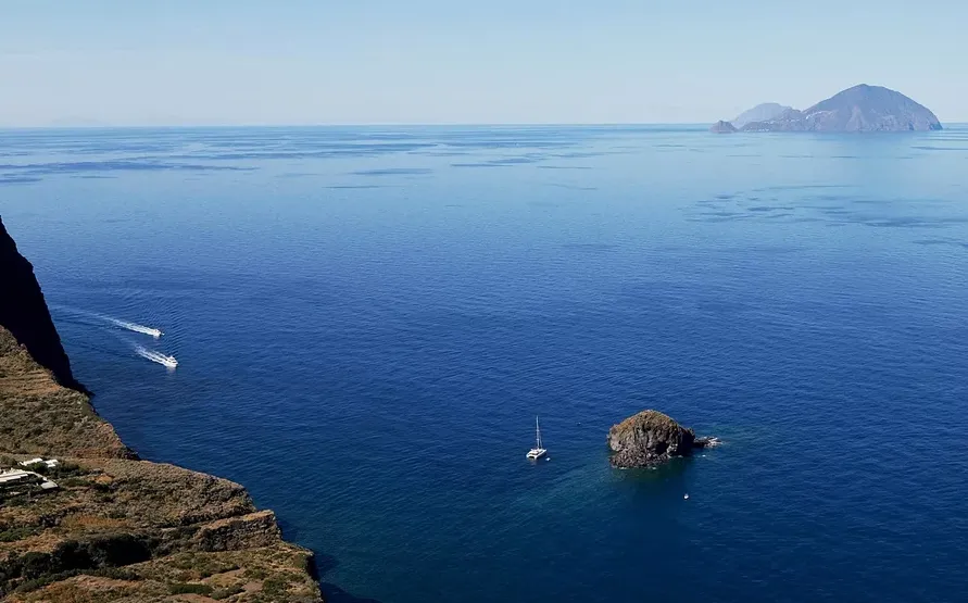 The view of the Tyrrhenian Sea from Salina, with Filicudi and Alicudi on the horizon.