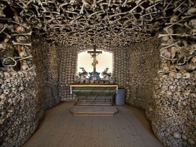 From the road, it would be easy to overlook this small, unassuming chapel located in one of the oldest towns in southwestern Poland. But the wooden doors hide a spectacular, macabre interior. The skulls and leg bones of over 3,000 victims of wars and plagues cover the walls and ceiling, and a crypt below, accessible through a trapdoor, houses over 21,000 additional remains. Between 1776 and 1804, the local priest, Vaclav Tomasek, painstakingly gathered, cleaned and carefully arranged skeletons recovered from numerous, shallow mass graves left by the Thirty Years’ War, Silesian Wars and cholera outbreaks. Modeled off of similar ossuaries and catacombs in Rome, the chapel was intended as a shrine for the dead, as well as a “memento mori” for the living. 

On the church’s altar, Tomasek placed the bones of important figures and curiosities, including the skull of the local mayor, skulls with bullet holes, a skull deformed by syphilis and the bones of a supposed giant. When the chapel's creator passed away in 1804, his skull was placed on the altar as well.

View the photos above or explore the 360° interactive panorama on  Kaplica Czaszek’s official site  (in Polish).