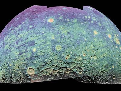 The color-coded mosaic is oriented as if the viewer were hovering directly above the lunar South Pole,which lies at the bottom center. In some areas of the surface, the 70-centimeter wavelength penetrates up to 100 feet.