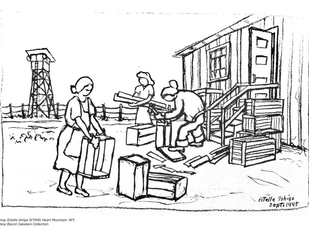 Making crates to leave the camp, September 1945, Heart Mountain, Wyoming. (Illustration by Estelle Ishigo, courtesy Estelle Ishigo Collection, Heart Mountain Wyoming Foundation. Gift of Bacon Sakatani in Memory of Arthur and Estelle Ishigo)