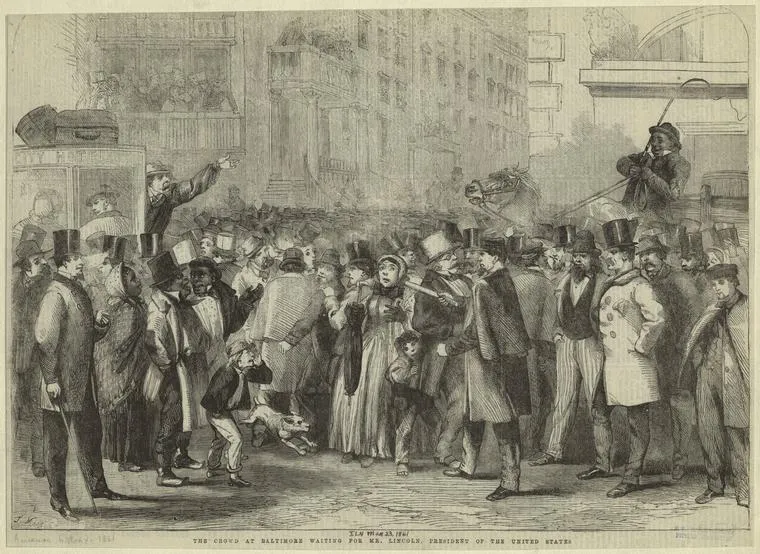 A Thomas Nash cartoon of the disappointed crowd that had hoped to see Lincoln during his stop in Baltimore