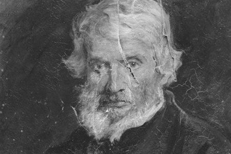Emery Walker photograph of damage to the painting of Thomas Carlyle by Sir John Everett Millais, 1st Bt, 1877.