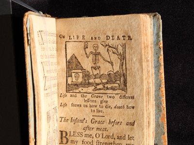 A page from a New England Primer printed in Massachusetts in 1811, with the text "Life and the Grave two different lessons give/Life shows us how to die, death how to live."