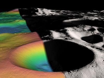 This split image of Shackleton Crater on the moon shows elevation (left) and shaded relief (right) data for the 12.5-mile-wide crater.