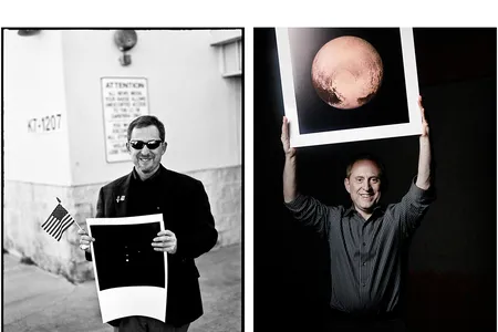Left: Alan Stern holds a 2005 Hubble image of the Pluto system on January 19, 2006, two hours after the successful launch of the New Horizons probe. Right: A triumphant Stern holds a full-frame image of Pluto, taken just hours before the New Horizons probe reached its closest point to Pluto.