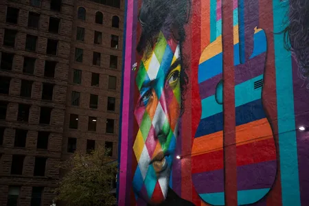 A mural of Bob Dylan by Brazilian artist Eduardo Kobra is on display in downtown Minneapolis.