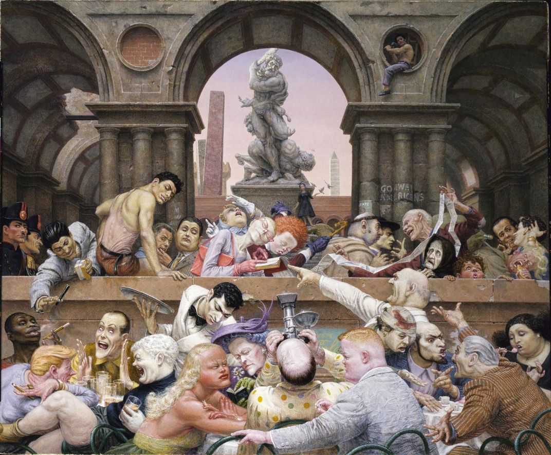 A painting of many people gathered around tables