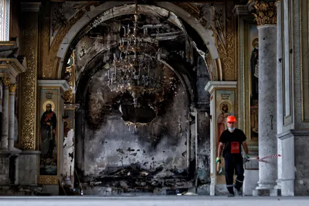 An interior view of the Transfiguration Cathedral in in Odesa, Ukraine, which was heavily damaged by a Russian missile on July 23, 2023