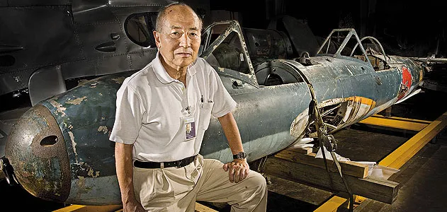 Museum volunteer Tom Momiyama with the last remaining Ohka K2 at the Museum’s restoration facility.