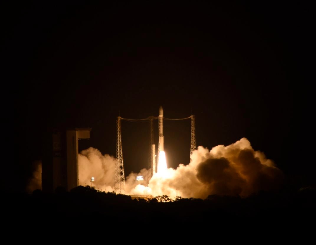 Liftoff of Vega VV06 carrying LISA Pathfinder on 3 December 2015 from Europe's Spaceport, French Guiana. Via ESA–Stephane Corvaja, 2015