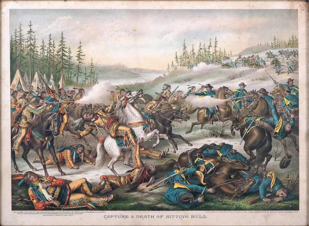 An 1890 depiction of the capture and death of Sitting Bull