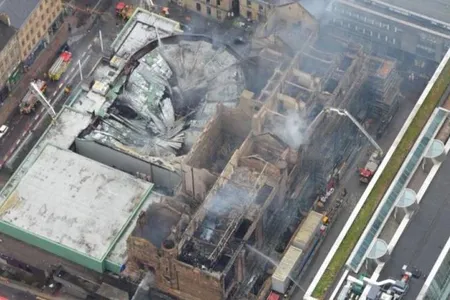 An aerial view of the razed Mackintosh building following the June 2018 fire