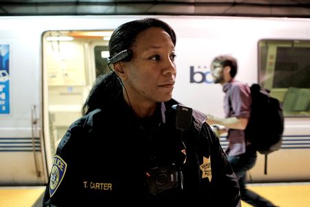 Sergeant Tanzanika Carter of the BART police force wears a body camera in San Francisco, CA
