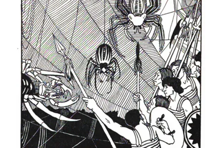 Lucian's space travelers witness a battle between the forces of the Sun and the Moon, which includes outlandish creatures like three-headed vultures and space spiders. 