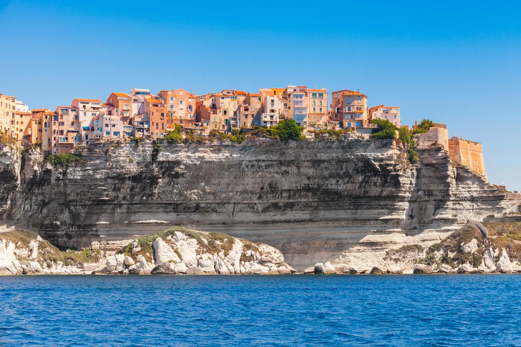 Houses clinging to the cliffs, Bonifacio, Corsica, France