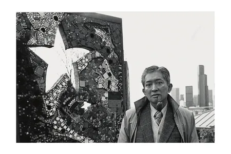 Photograph of Val Laigo next to his mosaic in Dr. Jose Rizal Park, Seattle, Washington (detail), between 1988 and 1989 / unidentified photographer. Val Laigo papers, 1954-1998. Archives of American Art, Smithsonian Institution.