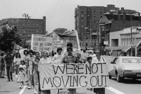 Tenant associations lead a march up Columbia Road N.W. in protest against threats of eviction at a time when land speculation and residential displacement were growing more common in the Adams Morgan neighborhood and across Washington, D.C.