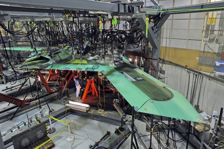 UCAS-D X-47B AV-2 is shown while undergoing proof load testing at Northrop Grumman's Palmdale Manufacturing Center.