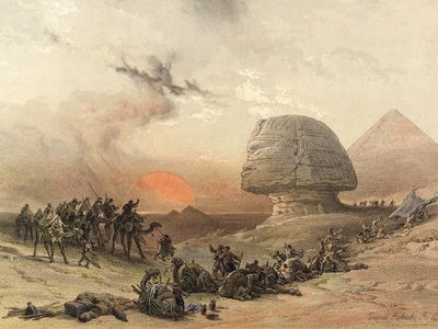 The Great Sphinx and the pyramids of Giza (Egypt). Ca. 1845. Lithography by David Roberts.
