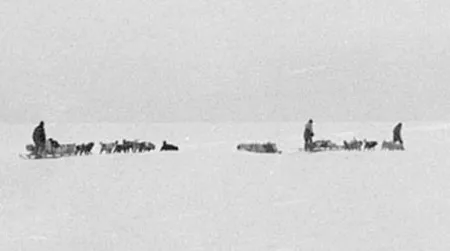 The last photo of Mawson's Far Eastern Party, taken when they left the Australasian Antarctic Party's base camp on November 10, 1912. By January 10, 1913, two of the three men would be dead, and expedition leader Douglas Mawson would find himself exhausted, ill and still more than 160 miles from the nearest human being.
