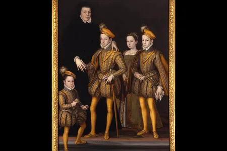 This 1561 portrait depicts Catherine de&#39; Medici standing alongside four of her children, including the newly crowned Charles IX.