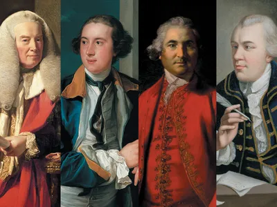 Left to right: William Murray, First Earl of Mansfield; William Legge, Second Earl of Dartmouth; Isaac Barré; John Wilkes.