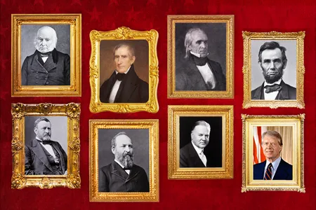 Clockwise from top left: John Quincy Adams, William Henry Harrison, James K. Polk, Abraham Lincoln, Jimmy Carter, Herbert Hoover, James A. Garfield and Ulysses S. Grant