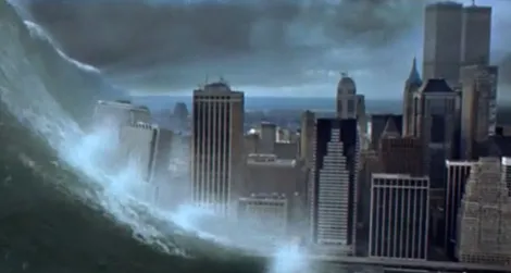 A powerful wave destroys New York City in the disaster film Deep Impact (1998)