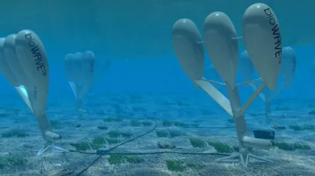 An underwater system generates power through blades that mimic the swaying motion of coral and kelp.