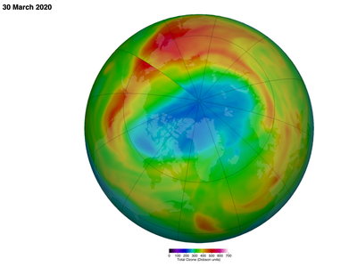 According to NASA: "The latest false-color view of total ozone over the Arctic pole. The purple and blue colors are where there is the least ozone, and the yellows and reds are where there is more ozone."