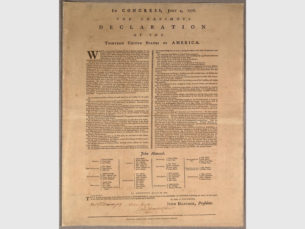 Text of the Declaration in two columns, with the names of the signers in four columns.