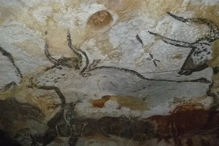 A cave painting of an extinct cattle species from Lascaux, France, with markings on its back.