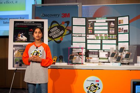 Maanasa Mendu, of Mason, Ohio, presents HARVEST, her prototype renewable energy-gathering device, at the 2016 Young Scientist Challenge.