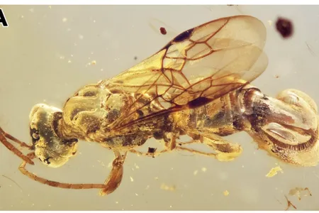 A newly described wasp species,&nbsp;Sirenobethylus charybdis, had a tail with paddles and trigger hairs that scientists say was used to catch and parasitize insects. The scale bar is 0.5 millimeters.