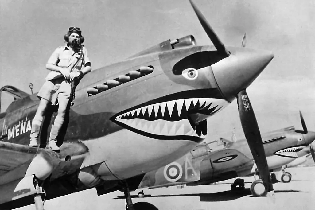 flight Lieutenant Neville Bowker and plane with shark art