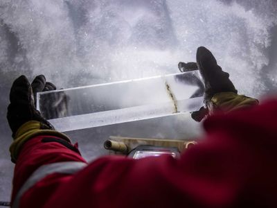 Part of an ice core taken from a borehole drilled in the&nbsp;Northeast Greenland Ice Stream
