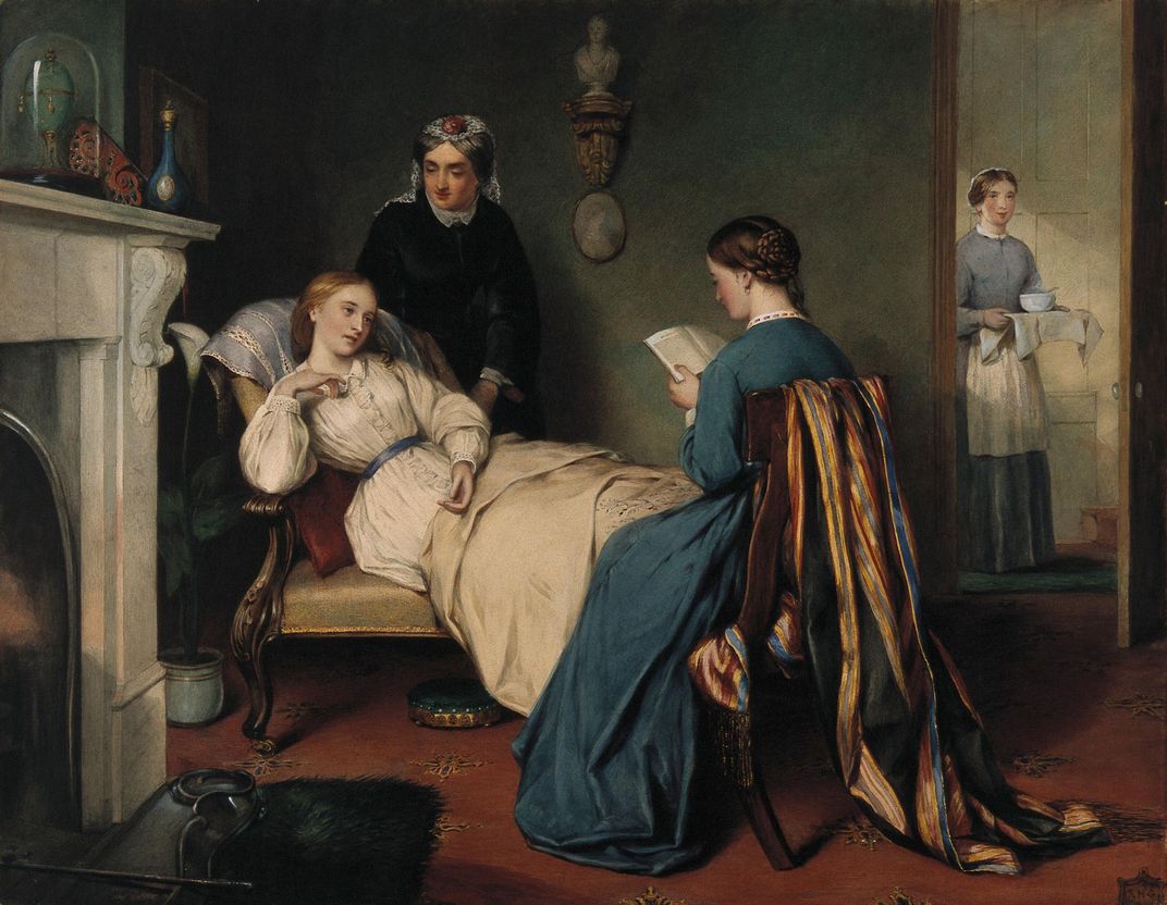 In this 19th-century watercolor by R.H. Giles, a girl reads to a convalescent while a nurse brings in the patient's medicine.