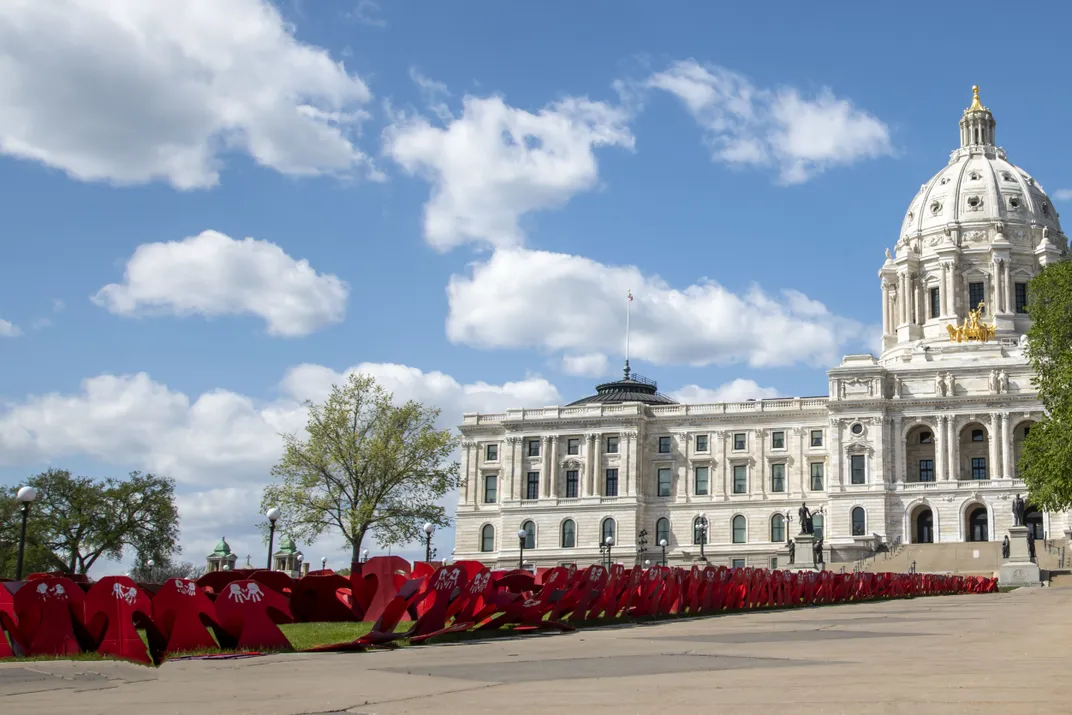 A 2021 installation on the lawn of the St. Paul state capitol honors missing and murdered Indigenous women and girls.