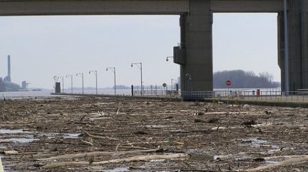 Flood debris on the Ohio River is halted by a dam