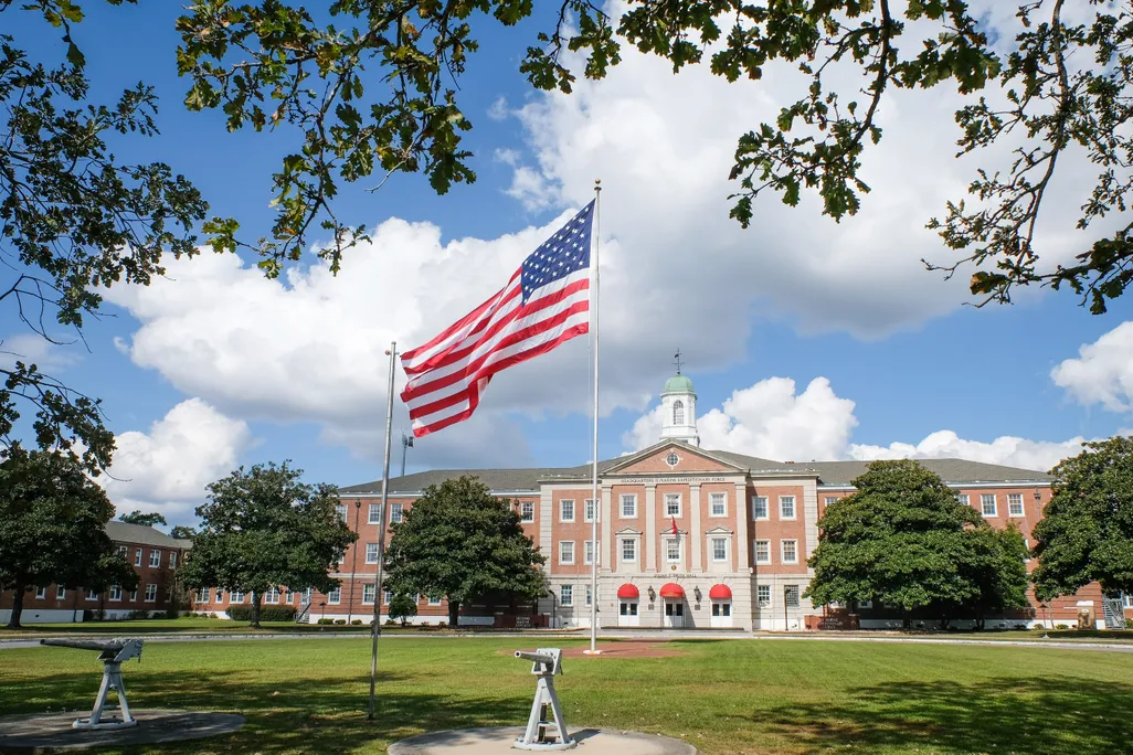 A flag in front of a building at Camp Lejeune
