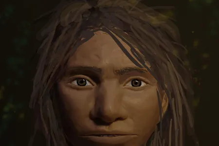 This image shows a preliminary portrait of a juvenile female Denisovan based on a skeletal profile reconstructed from ancient DNA.

