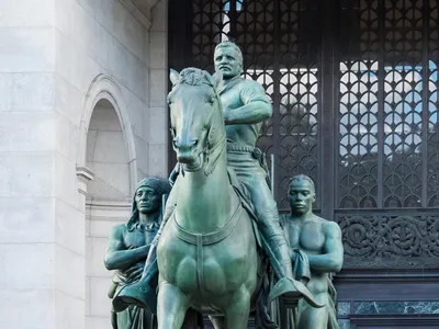 Statue of Theodore Roosevelt outside the American Museum of Natural History in New York City. The statue will be removed, the city announced Sunday.